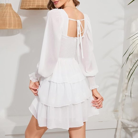 Byinns Square Neck Ruffle Dress Floral Print Tiered Tie Back Layered  Medium - Picture 2 of 12